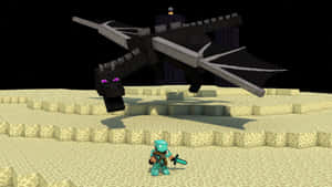 Minecraft玩家持劍在沙漠中對抗黑龍。 — 我的世界 壁紙