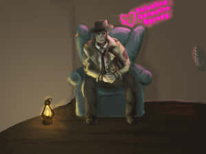穿著風衣的偵探坐在扶手椅上，旁邊有燈籠和霓虹招牌 Valentine Detective Agency。 — 名偵探柯南 壁紙