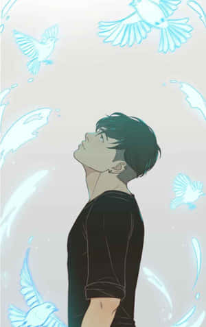 年輕男子仰望發光的藍色鳥類和水滴。 — Galaxy Tab S9 FE 壁紙