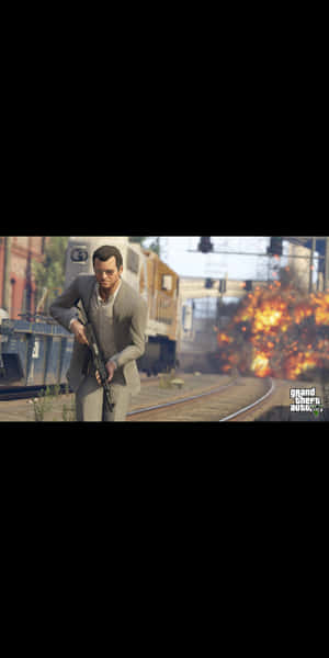 穿西裝男子持步槍奔跑，附近火車爆炸。 — 18:9 壁紙