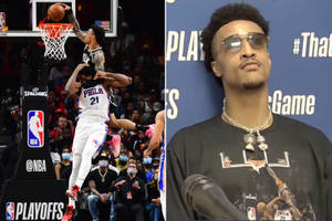NBA球員在季後賽灌籃，隊友觀看，分屏顯示戴太陽眼鏡球員在記者會。 — 高清籃球 壁紙