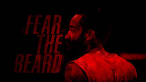 紅光中的運動員，旁邊有「FEAR THE BEARD」文字。 — 休士頓火箭隊 壁紙