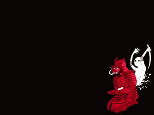 紅色武士被白色幽靈在黑色背景上高舉劍擊敗 — 三島一八 壁紙