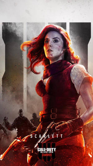 《決勝時刻：黑色行動殭屍》中的 Scarlett 手持兩把手槍，身後有殭屍。 — 電玩遊戲 GIF 壁紙
