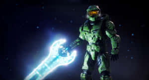 身穿綠色盔甲的Halo士兵在太空中握著發光的能量扳手。 — 最後一戰：無限 4K 壁紙