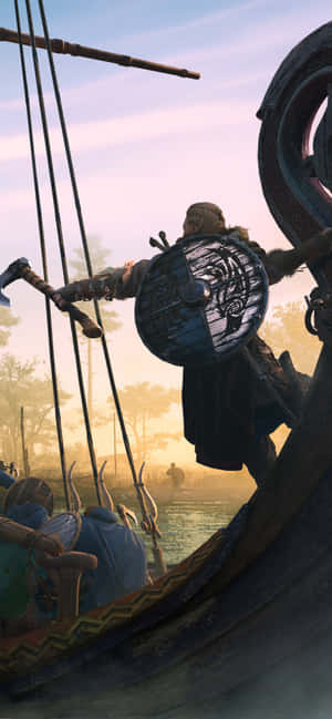 維京戰士在黎明時分站在長船上，背景有霧林和靜水。 — 電玩遊戲 GIF 壁紙