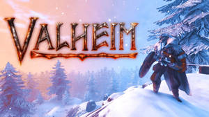 雪地森林中的維京戰士，Valheim 遊戲標題在暮色中閃耀。 — 酷寒冬季 壁紙