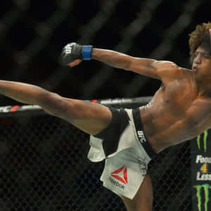 MMA拳手在UFC八角籠中踢腿，身穿Reebok短褲及Monster Energy品牌標誌。 — 終極格鬥冠軍賽 壁紙