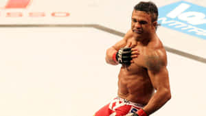 MMA拳手在八角籠中穿著紅色短褲和手套慶祝勝利。 — 終極格鬥冠軍賽 壁紙
