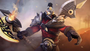 身穿紅色盔甲的奇幻戰士在戰鬥中揮舞火焰斧頭和尖刺盾牌。 — Dota 2 4K 壁紙