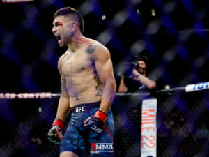 MMA拳手在八角籠內滿臉鮮血慶祝勝利。 — AMOLED 壁紙