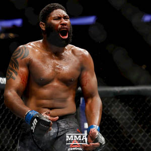 MMA拳手在八角籠內以血跡斑斑的臉和張開的嘴慶祝勝利。 — 情緒 壁紙