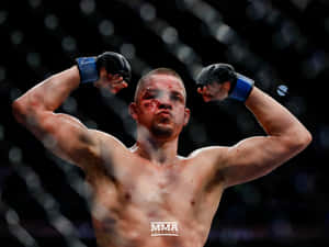 一名滿臉鮮血的勝利MMA拳手在籠內彎曲手臂。 — 終極格鬥冠軍賽 壁紙