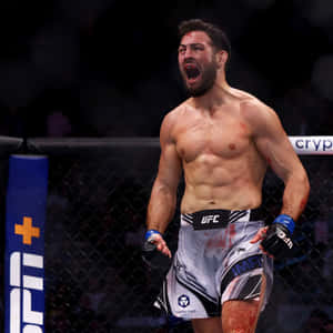 一名勝利的MMA拳手，滿臉鮮血、短褲染血，在八角籠中慶祝。 — 運動 壁紙