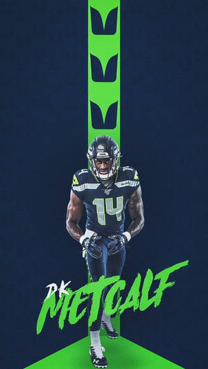 美式足球員 DK Metcalf 穿著海鷹隊制服，帶有綠色和藍色設計元素。 — Dk Metcalf 壁紙