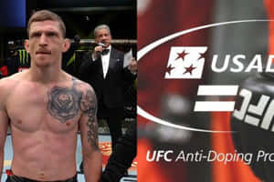 UFC拳手有刺青在八角籠內過磅，旁邊有主持人和USADA標誌。 — 運動 壁紙
