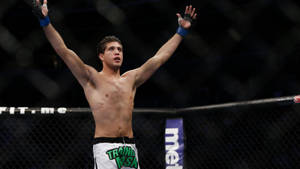 MMA拳手在八角籠中高舉雙臂慶祝勝利。 — 勝利 壁紙