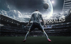 足球運動員在體育場內，天空中有巨大的行星和月亮 — Cr7 壁紙