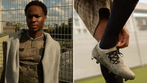 身穿 Stone Island 球衣的男子在草地上調整足球鞋 — New Balance 壁紙