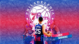 班·西蒙斯身穿費城76ers球衣，手持帶有「Trust The Process」標語的籃球。 — NBA 壁紙