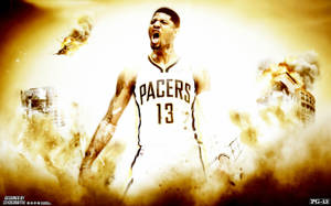 身穿Pacers球衣的籃球運動員在熾熱的城市毀滅中怒吼。 — 保羅·喬治 壁紙