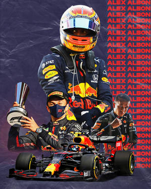 F1車手與賽車和隊友一起手持獎盃，身穿Red Bull裝備。 — 里維·阿卡曼 壁紙