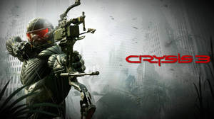 身穿未來裝甲的士兵在廢墟城市中瞄準弓箭，帶有 Crysis 3 標誌。 — 末日之戰3 壁紙