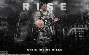 籃球運動員 Kyrie Irving 在雨中，城市背景和「RISE」文字。 — 凱里·厄文 壁紙