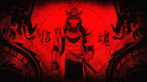 身穿盔甲的武士戰士，背景為紅色，帶有龍和漢字。 — 日式海浪 壁紙