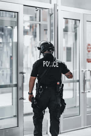 身穿戰術裝備的警察站在玻璃門入口處。 — POCO Pad 壁紙