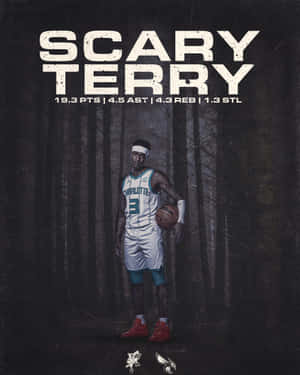 身穿夏洛特球衣的籃球運動員 Scary Terry 在黑暗森林中手持籃球，附有統計文字。 — 籃球 壁紙