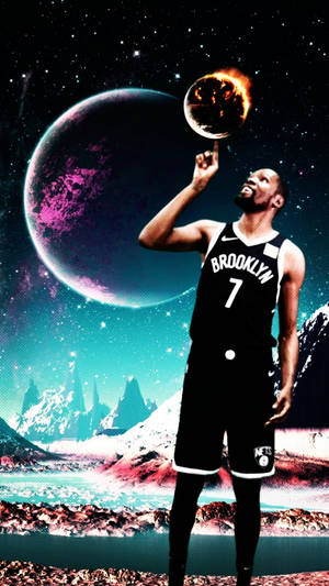籃球運動員在科幻外星景觀中平衡一個燃燒的地球。 — 凱文·杜蘭特 壁紙