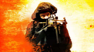 身穿戰鬥裝備的士兵在熾熱背景下瞄準機槍。 — 電玩遊戲 GIF 壁紙