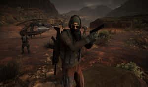 士兵在沙漠峽谷中瞄準手槍，附近有直升機，黃昏時分。 — 電玩遊戲 GIF 壁紙