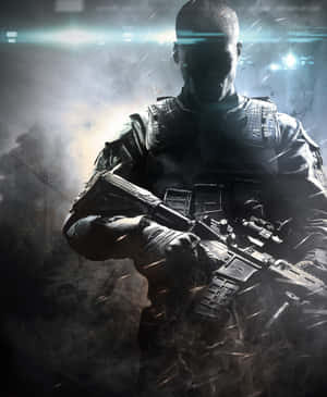 一名身穿戰鬥裝備的士兵在煙霧彌漫的戰場上，持步槍並有發光效果。 — 酷炫遊戲 壁紙