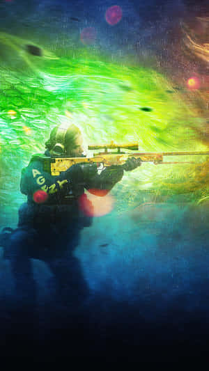 士兵在發光的綠色和藍色環境中在水下射擊步槍 — Pixel 3 壁紙