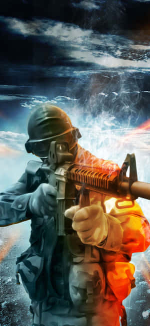士兵在暴風雨的天空下開槍射擊，槍口閃爍著發光的火光 — Pixel 7 壁紙