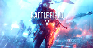 身穿戰鬥裝備的士兵站在熾熱爆炸和碎片中，帶有 Battlefield V 標誌。 — 電玩遊戲 GIF 壁紙