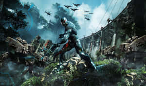 未來士兵身穿裝甲，站在雜草叢生的廢墟中，直升機在頭頂飛過。 — 末日之戰3 壁紙
