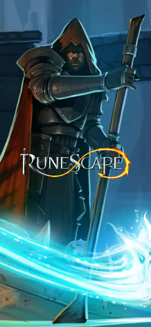 一名戴著兜帽的奇幻戰士手持發光的藍色劍，帶有 RuneScape 標誌。 — OnePlus Ace 壁紙