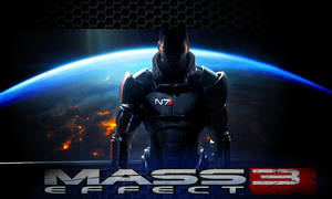 Mass Effect 3 的暗色盔甲士兵面向觀眾，身後是發光的藍色星球。 — 質量效應 壁紙