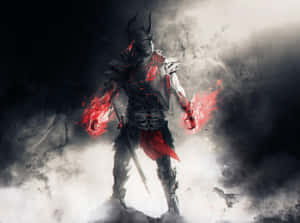 暗色盔甲戰士，發光紅色拳頭，站在煙霧中手持劍。 — 電玩遊戲 GIF 壁紙