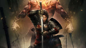武士持劍面對火焰惡魔的黑暗戰鬥場景。 — 日本武士 壁紙