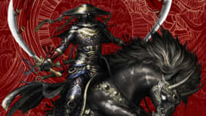 武士騎著黑馬，配有華麗盔甲和彎刀，背景是紅色旋轉圖案。 — 混沌武士 壁紙