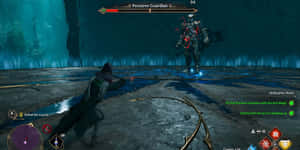 玩家在發光的藍色地牢中用魔法和劍與裝甲敵人戰鬥。 — 霍格華茲 GIF 壁紙