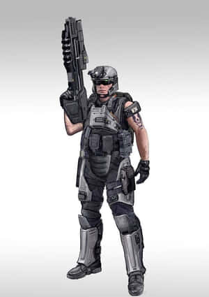 身穿全套戰鬥裝甲的未來士兵手持大型武器。 — 戰士 壁紙