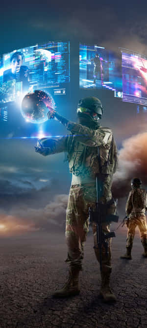 身穿戰鬥裝備的士兵在黃昏的沙漠中與全息顯示器互動。 — Pixel 11 壁紙