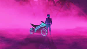 未來騎士與發光機車在粉紅霧氣熱帶環境中。 — 巴布風機車 壁紙