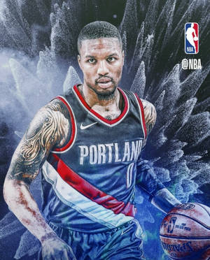 NBA籃球運動員身穿波特蘭球衣持球，背景抽象。 — 4:5 壁紙