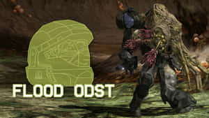 科幻遊戲場景中帶有Flood頭盔圖形的Halo ODST士兵。 — 最後一戰： Reach 壁紙